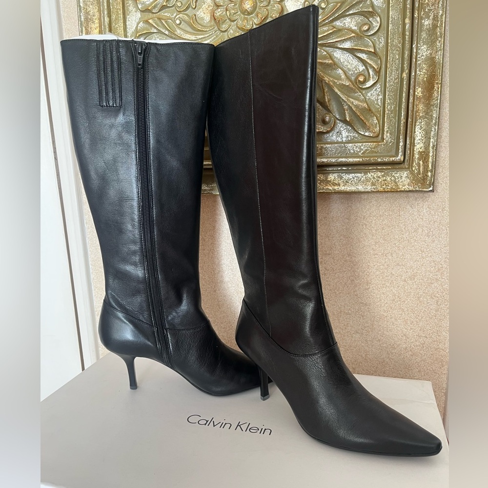 Calvin Klein Black Leather Heeled Boots. 3” heel. Sz 7.5 New in box.